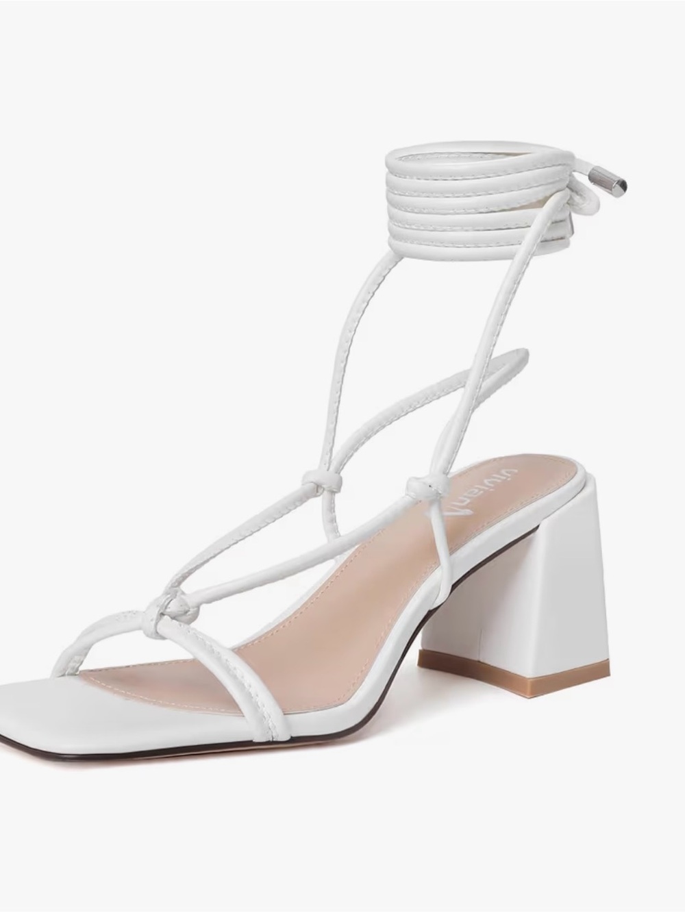 Viviana White Strappy Block Heel Sandal with Ankle Wrap